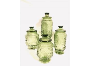 Set Of Four Vintage Green Glass Daisy Canisters With Lids