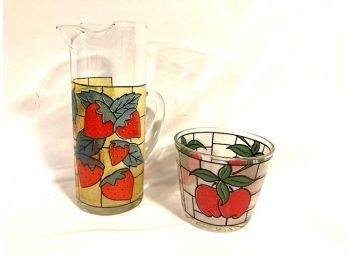 Incredible Vintage Pitcher And Ice Bucket With Windowpane Fruits Motif