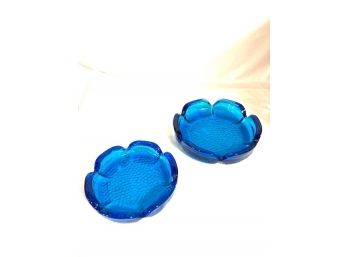 Pair Of Vintage Colonial Blue Glass Ashtrays