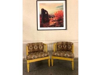 Pair Of Mid-century Modern Tub Chairs With Banister Design And Paisley-style Upholstery