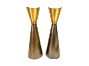 Amazing Mid-century Modern-style Brass And Bronze-tone Candlestick Holders