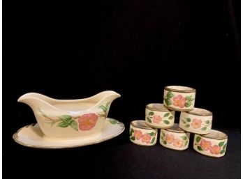 Vintage Mid-Century Modern Franciscan Desert Rose Gravy Boat And Napkin Rings