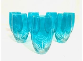 Vibrant Set Of Seven Teal Flash Glass Tumblers With Art Deco-style Etching