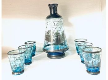 Vintag Blue Flash Glass Decanter Set With Overlay Scene