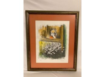 Vintage Lithograph - 'Through The Window' Framed And Artist-signed Watercolor And Pencil