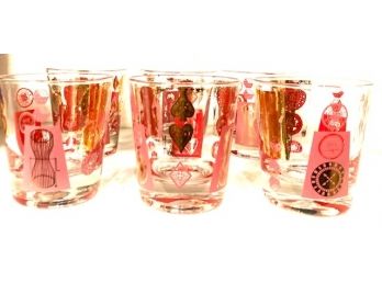 Set Of Six Mid-century Red And Gold Rocks Glasses