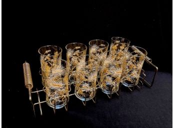 Vintage Mid-century Modern Golden Wheat Tumblers In Carry Caddy Serving 8