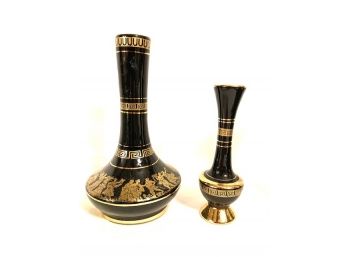 Vintage Mid-century Modern Pair Of Hand-made Greek Bud Vases With 24KT Gold Trim