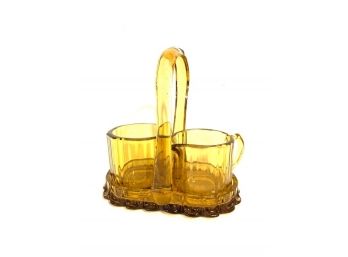 Vintage Amber Glass Creamer And Sugar Caddy