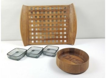 Dansk Lattice Teak Serving Tray, 3 Glass Inserts, W/ Wood Bowl