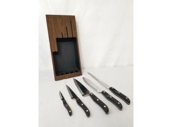 Vintage MCM Oneida Entre Cutlery Set Of 5 Knives W/ Wall Mount Storage Case