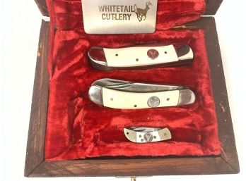 Vintage Whitetail Cutlery Box Set Of Three Folding Pocket Knives