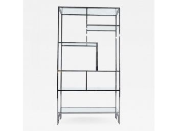 RARE Milo Baughman Chrome And Glass Greek Key Etagere MCM Shelving Wall Unit