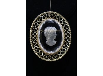 Gold Tone Pin With Glass Carved Cameo