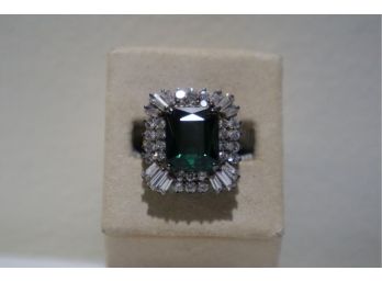 925 Sterling Silver With Green Stones And CZ Ring Signed Size 6