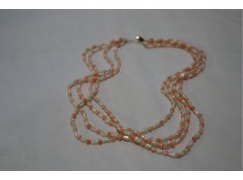 14K Yellow Gold Clasp With 4 Strands Of Fresh Water Pearls And Pink Coral Necklace 18'