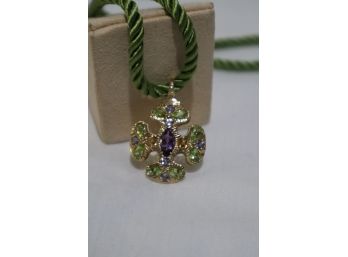 14K Yellow Gold With Purple, Green, And Yellow Stone Pendant On A 14K Yellow Gold Clasp Green Cord Necklace