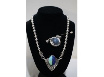 925 Sterling Silver Necklace With 2 Interchangeable Pendants That Twist On Turquoise With Lapis And Blue Stone