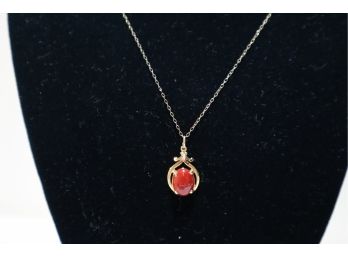 14K Yellow Gold Necklace 16' And 14K Pendant With Red Stone