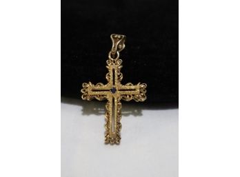 925 Sterling Silver With Gold Overlay And Blue Center Stone Cross Pendant