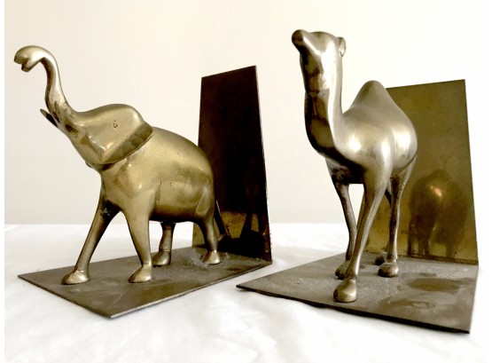 Fun Pair Of Brass Bookends Depicting A Camel & An Elephant