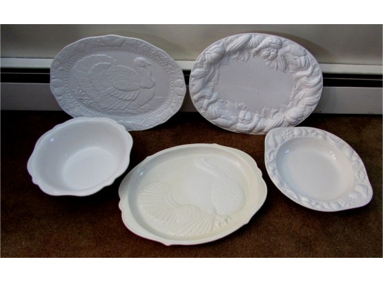 Two Turkey Platters Along With Three Other Pieces