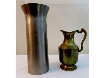Tall Metal Vase & Brass Pitcher