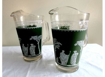 Two Heavy Glass Water Pitchers