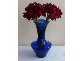 Tall Blue Glass Vase With Faux Flowers