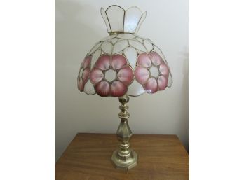 Heavy Brass Table Lamp With Floral Mica Style Shade