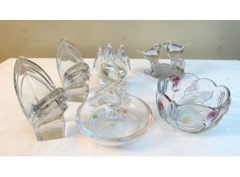 Pair Of Signed Kosta Candlesticks Along With Four Other Nice Crystal & Glass Items