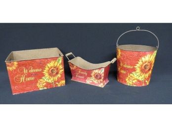 Trio Of Fall Themed Metal Planters/organizers W/paper Decorative Coverings
