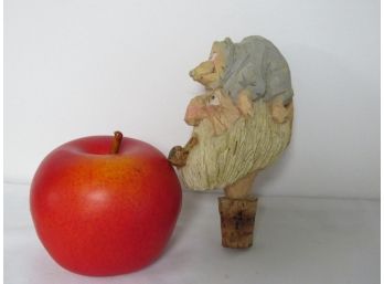 Whimsical Carved Rat On The Old Guy's Head Folk Art Wine Bottle Stopper - Talk About The Rat Race!