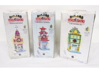 Group Of 3 Boxed Department 56 Monopoly Figural Houses / Lamps Newsstand Daily, Oriental Express & Law Office