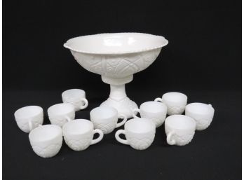 McKee Glass Co. 'Concord' Pattern EAPG Milk Glass Punch Bowl With 11 Punch Cups