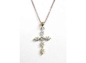 Sterling Silver Catholic Cross W/CZ Diamond Chips & Gold Highlights - 18' Sterling Chain