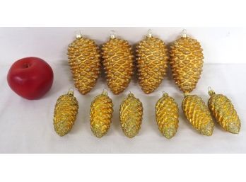 Lot Of 10 Golden Blown Glass Pinecone Christmas Ornaments