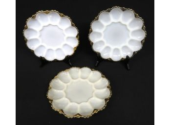 Trio Of Anchor Hocking Golden Shell Pattern Devil Egg Plates W/thick Gold Trim