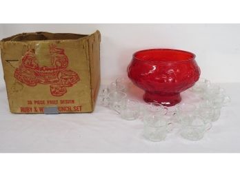 Jeannette Glass Co. Ruby Flashed Punchbowl W/Cups