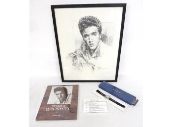 Framed Elvis Print, Unopened/Sealed Book & Avon Issued Elvis Wristwatch In Box