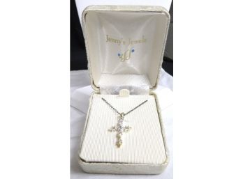 Sterling Silver Catholic Cross & Chain W/CZ Chips & Gold Highlights - Jenny's Jewels