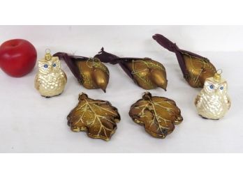 Mixed Group Of Blown Glass Christmas Ornaments Birds, Owls And Oak Leaves