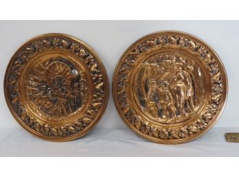 Pair Of Copper Repousse' Western Wagon Train Themed Wall Decorations Mid-century