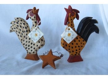 3 Piece Wooden Folk Art Black Speckled Roosters And Star By Artist Debb Rendo