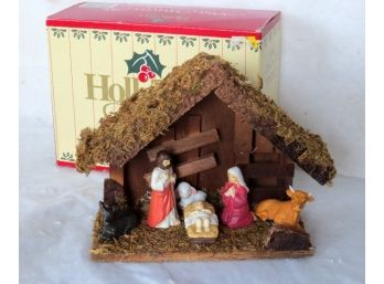 Vintage Mini Nativity Set With Wooden Manger