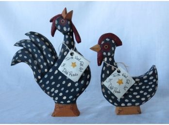 A Pair Of Wooden White Speckled Folk Art Chickens By Debb Rendo
