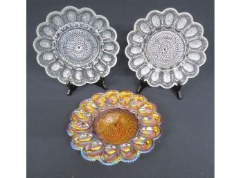 Matching Pattern Set Of Hobnail By Indiana Glass Deviled Egg Plates - One In Carnival Glass, 2 Clear