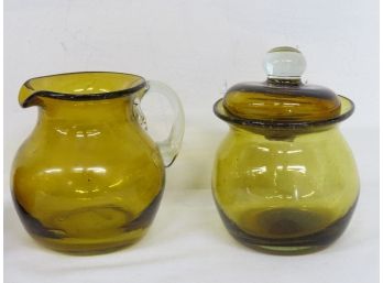 Honey Yellow Gold Art Glass / Studio Glass Creamer With Covered Sugar Bowl - Pontiled