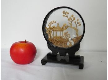 Vintage San You Chinese Cork Carved Diorama Encased In Glass - Trees, Cranes & Pagoda