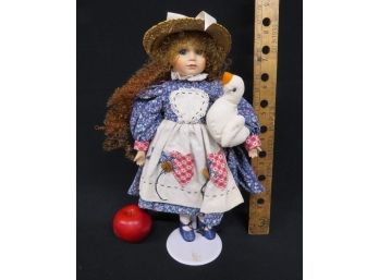 Folk Art Country Girl W/frizzy Red Hair & Her Baby Goose In Cotton Dress